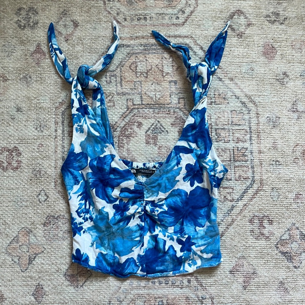 Zara blue floral tie strap tank top